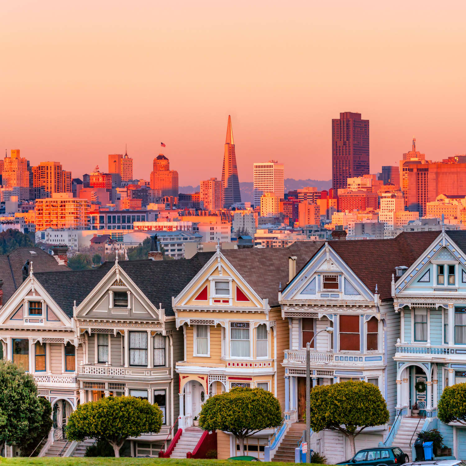 san francisco painted ladies at sunset
